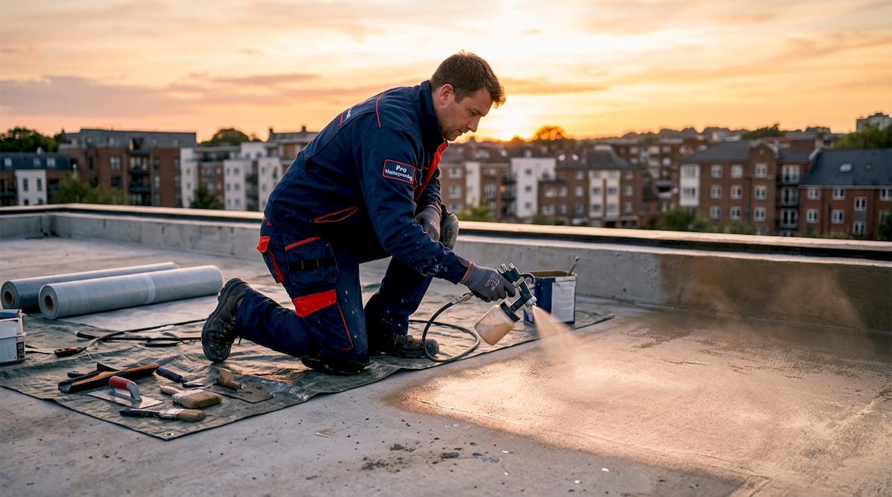Applying liquid waterproofing membrane on roof