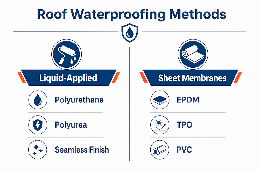 Infographic comparing liquid applied and sheet membrane roofing waterproofing methods
