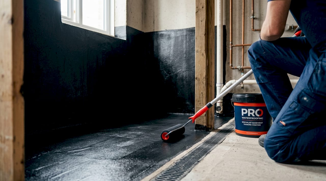 Seamless liquid membrane waterproofing in basement corner