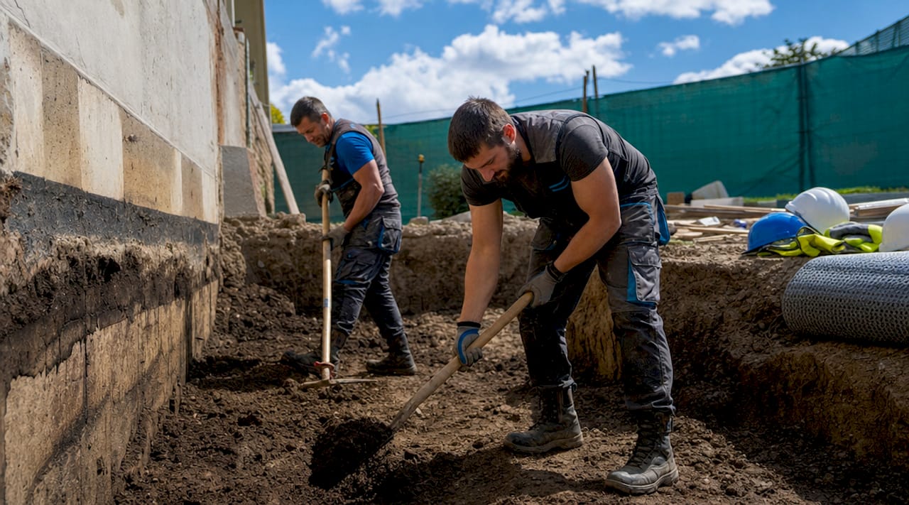 Workers excavating soil beside basement foundation