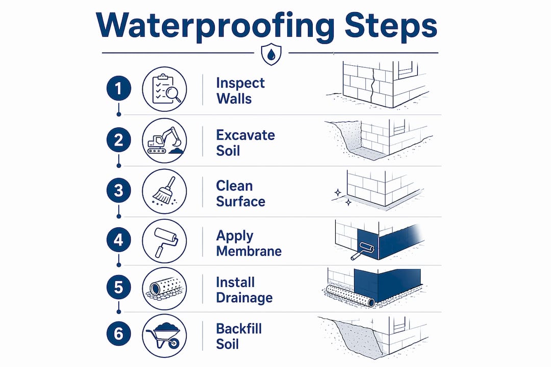 Infographic illustrating basement waterproofing step-by-step process