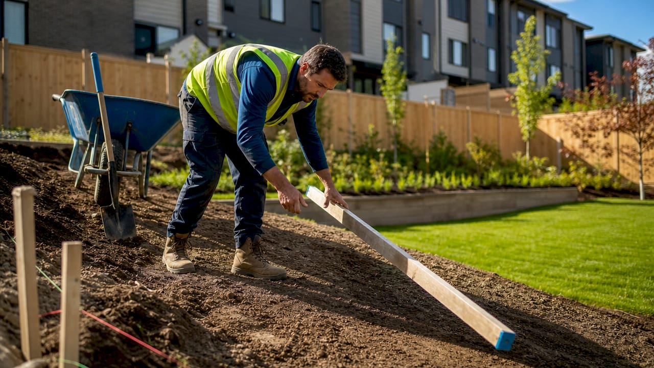 Landscaper checking yard slope for drainage