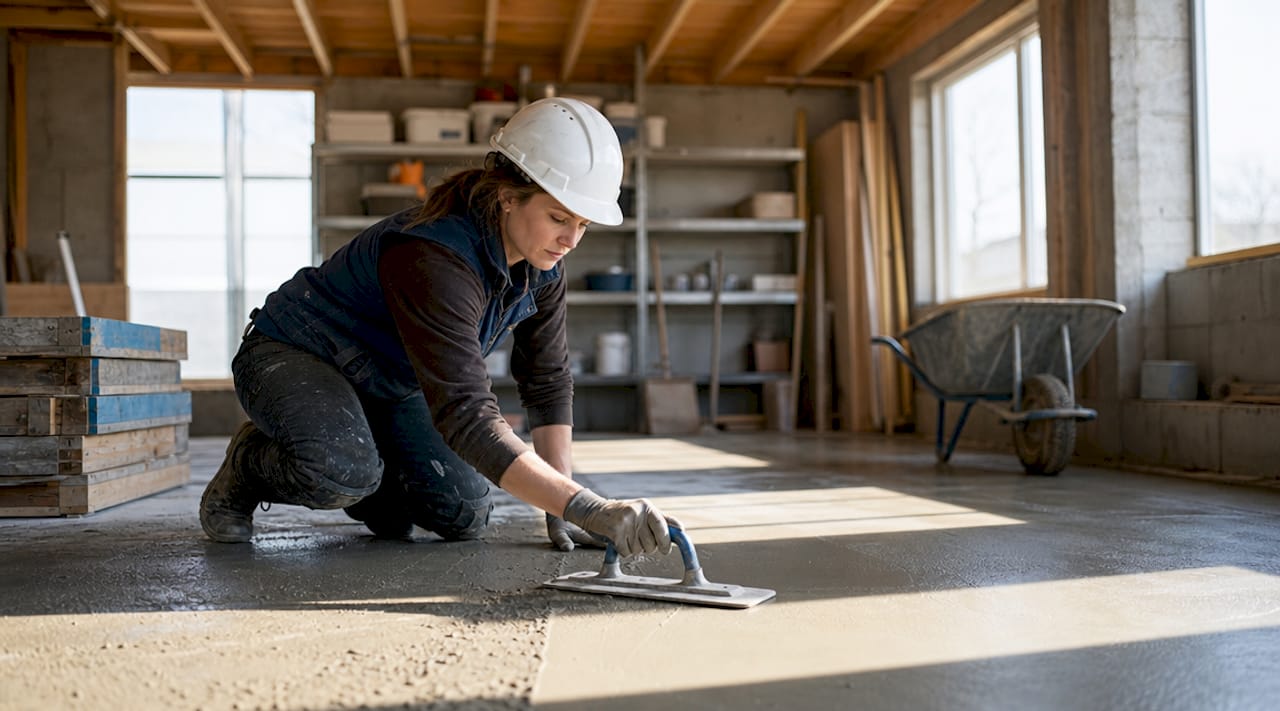 Worker smoothing concrete basement floor slab indoors