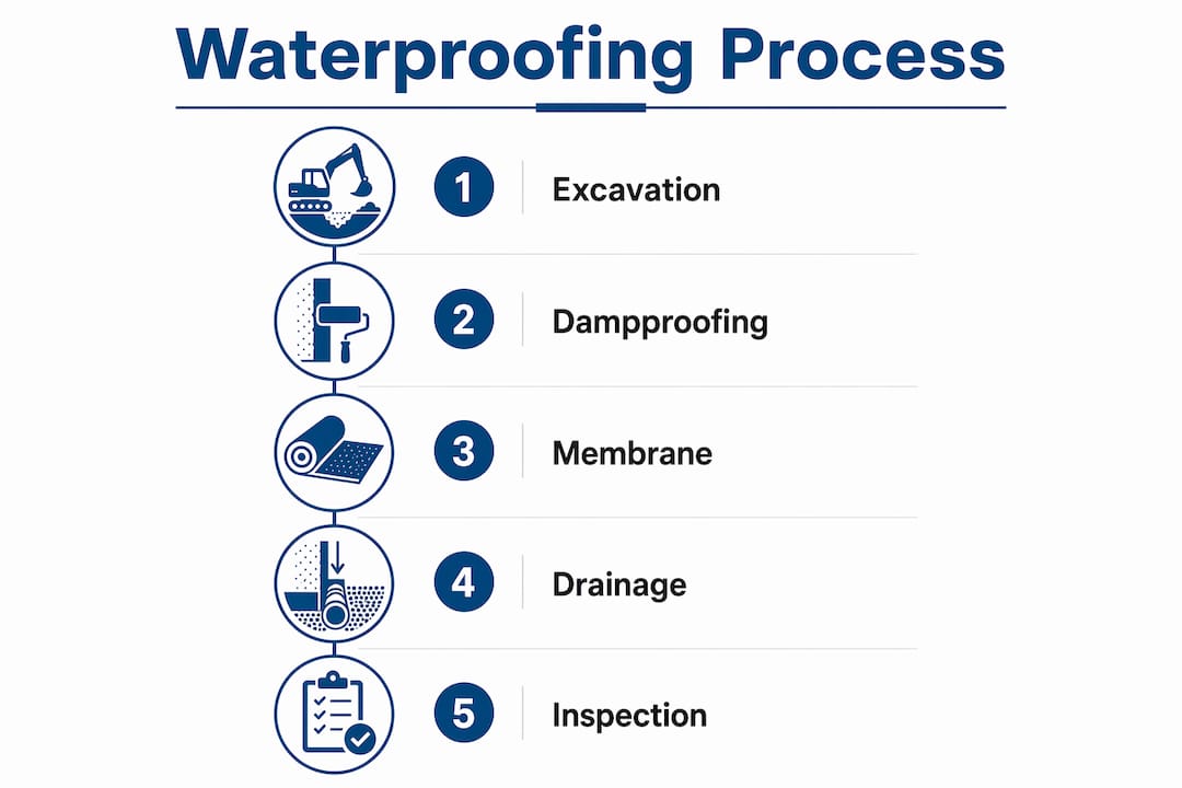 Infographic illustrating waterproofing process steps