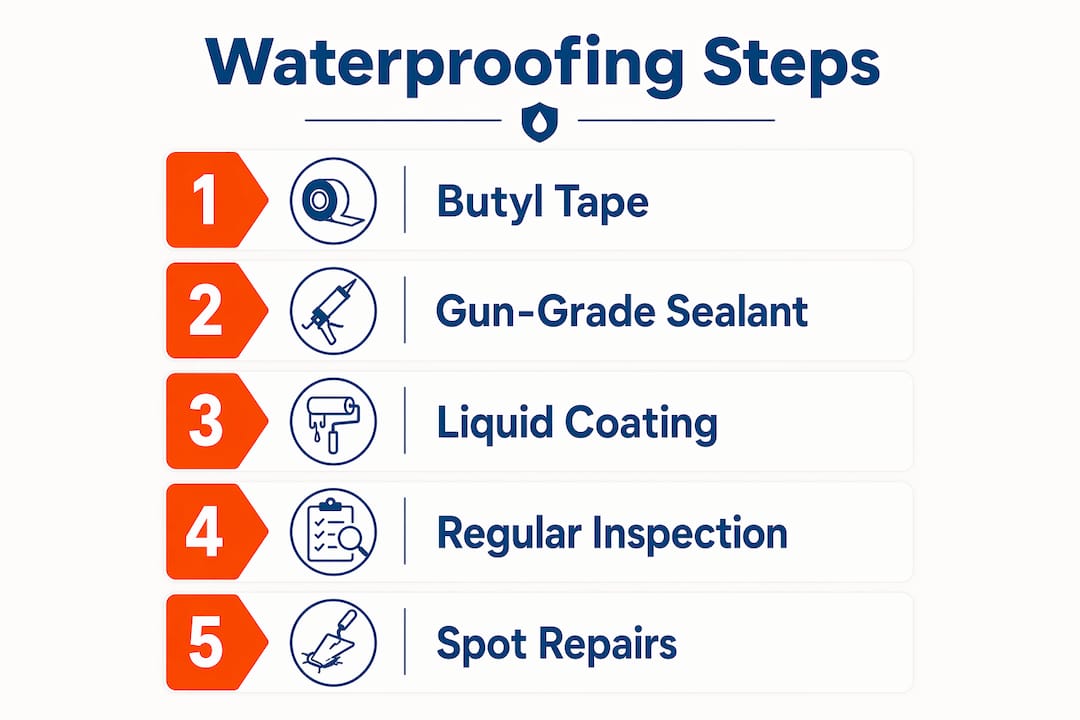 Infographic illustrating waterproofing process steps