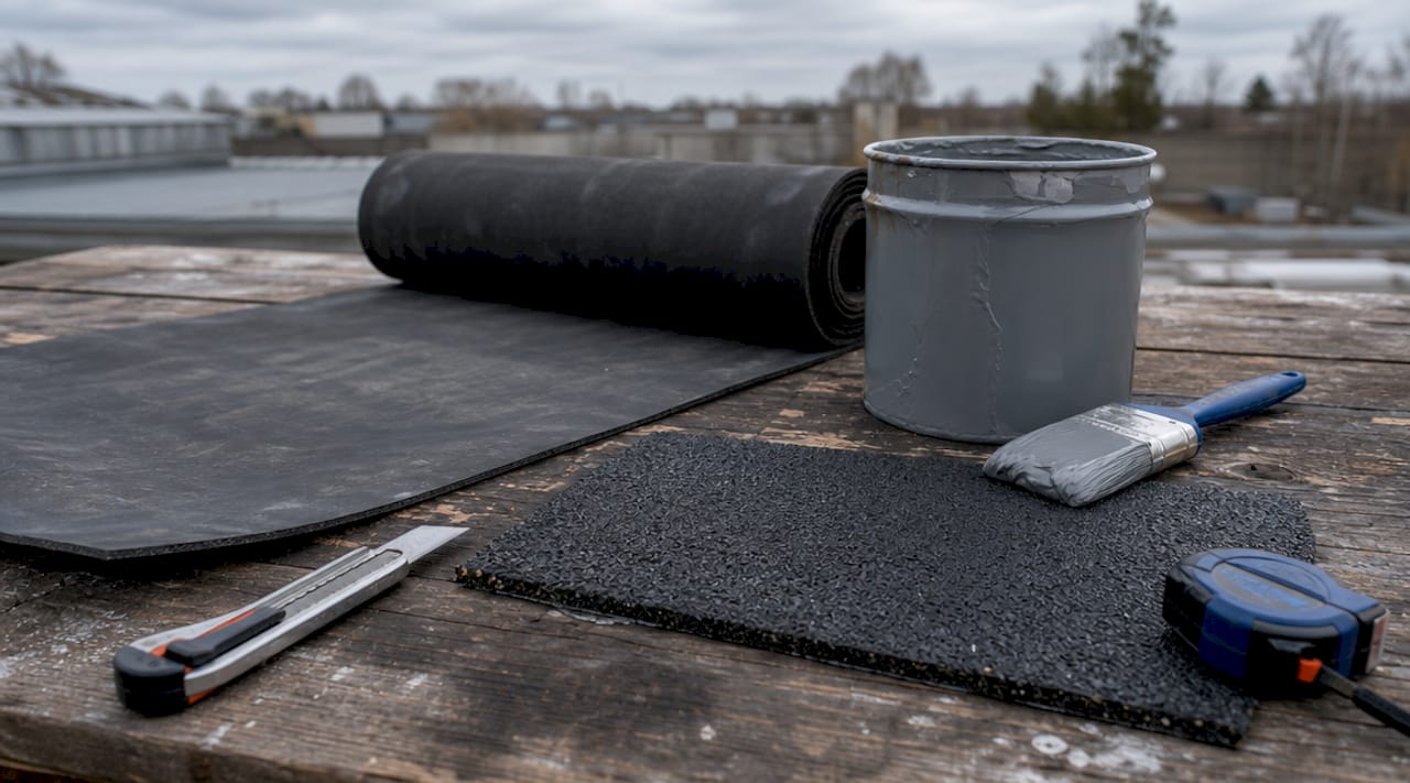 Flat roof waterproofing materials laid out on concrete