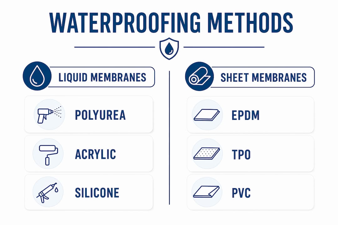 Infographic comparing liquid and sheet membrane waterproofing types