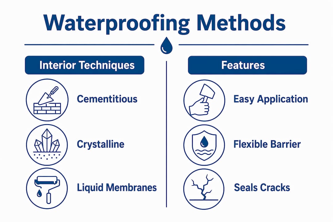 Infographic comparing interior waterproofing methods