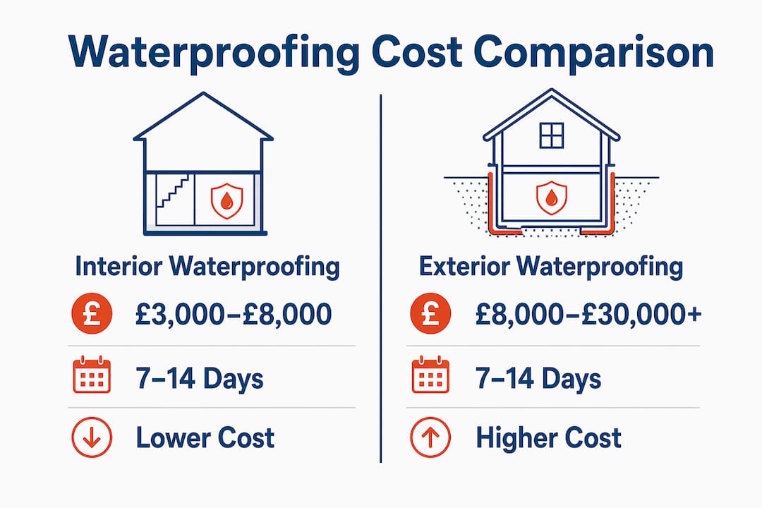 Infographic comparing interior and exterior waterproofing costs