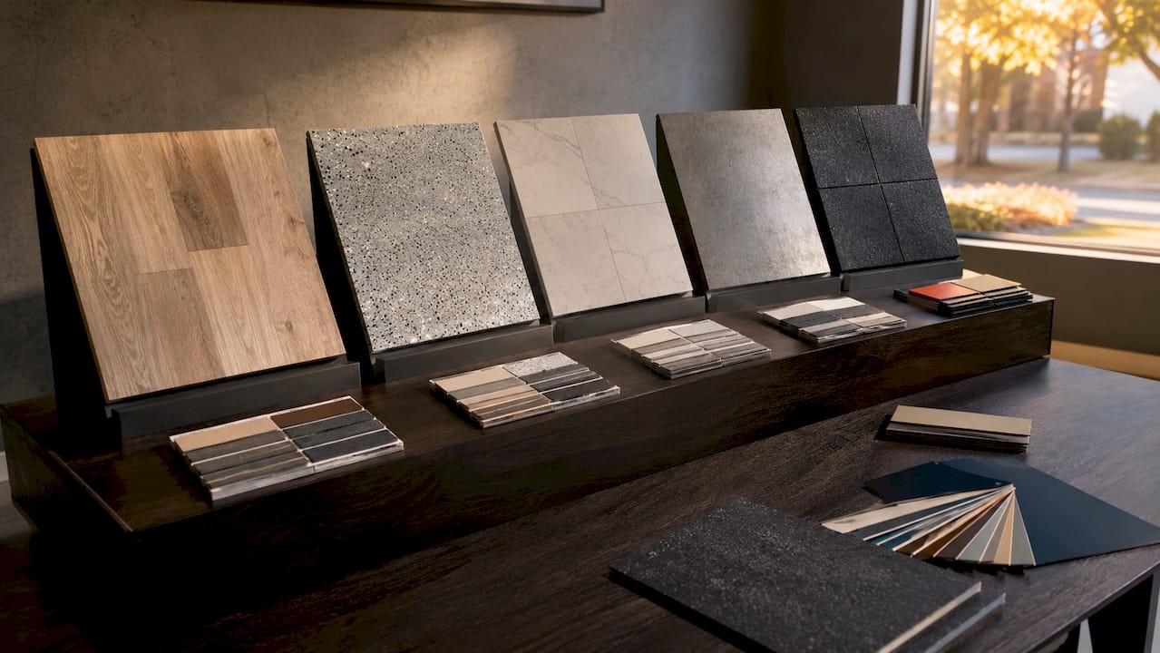 Display of waterproof basement flooring samples