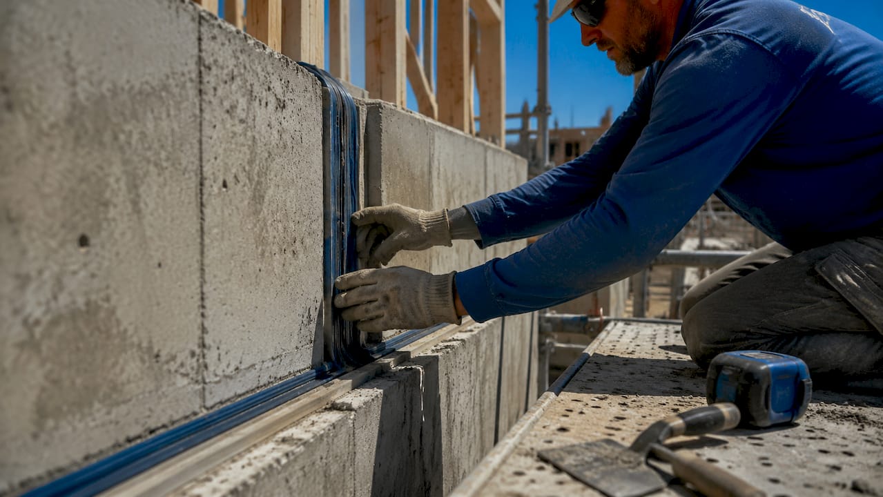 Close-up of hydrophilic waterstop installation on concrete joint