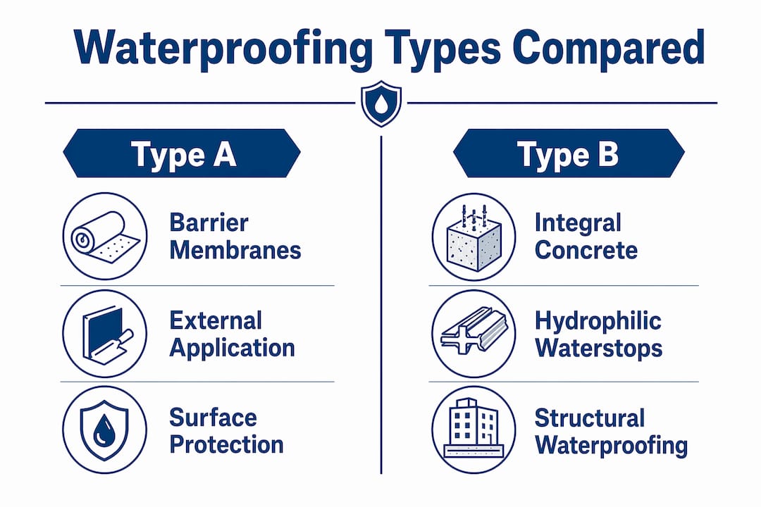 Infographic comparing Type A and Type B waterproofing methods
