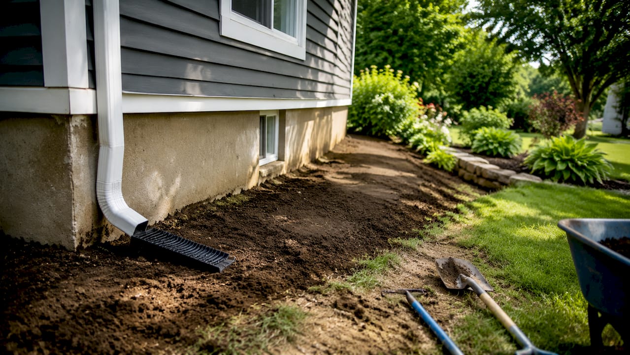 Exterior soil grading and gutter downspout around home