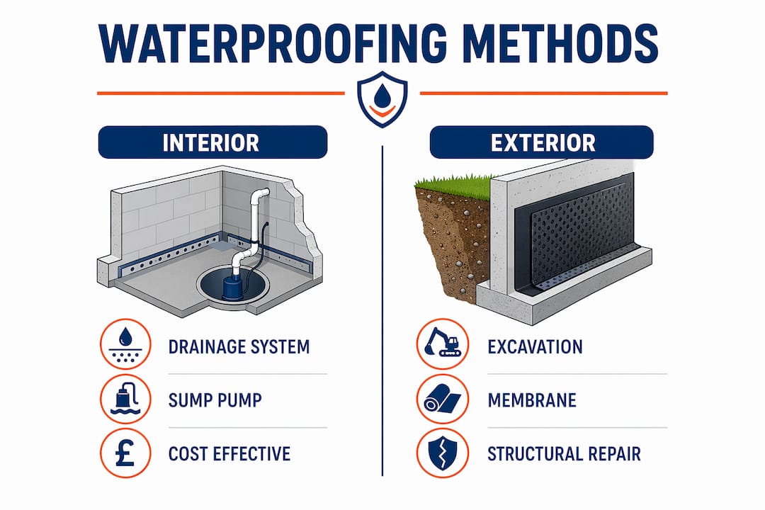 Infographic comparing interior and exterior waterproofing