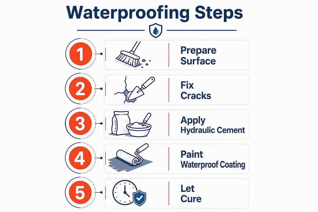 Step-by-step infographic for waterproofing basement walls