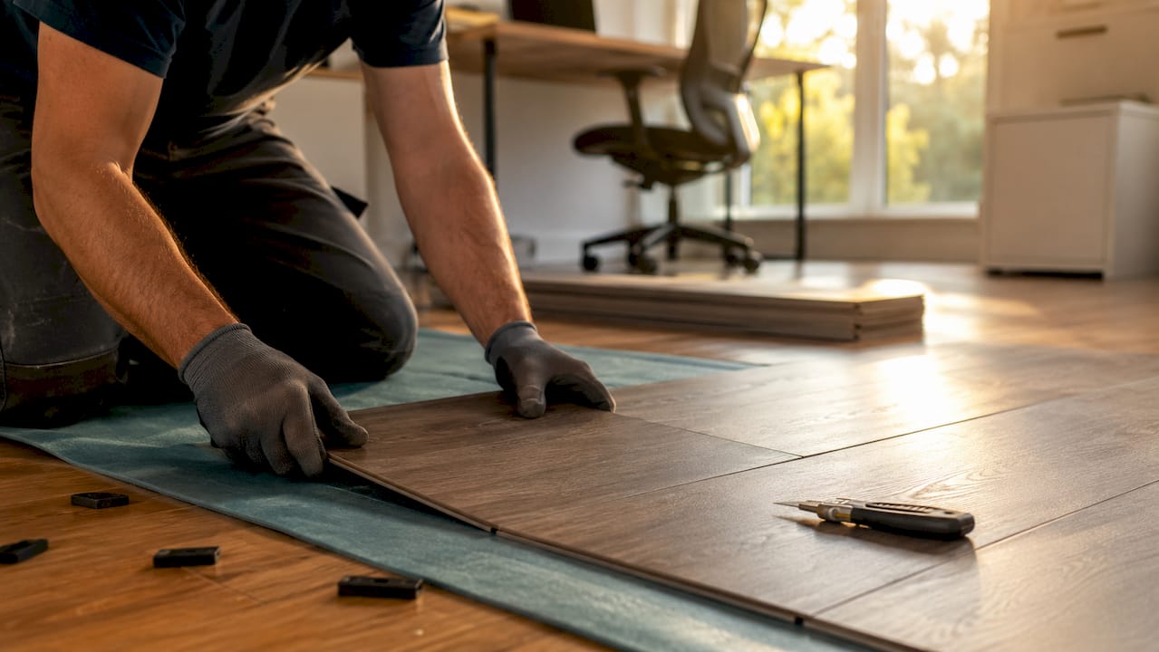 Hands installing SPC vinyl planks basement