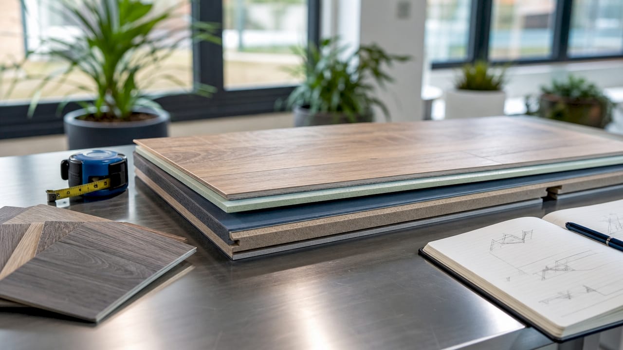 Overhead close-up of waterproof laminate flooring cross-section model