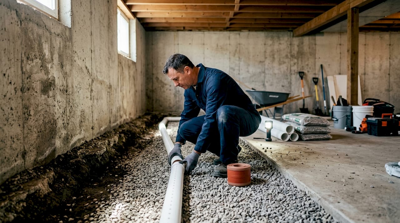 Plumber installing interior waterproofing drainage pipes