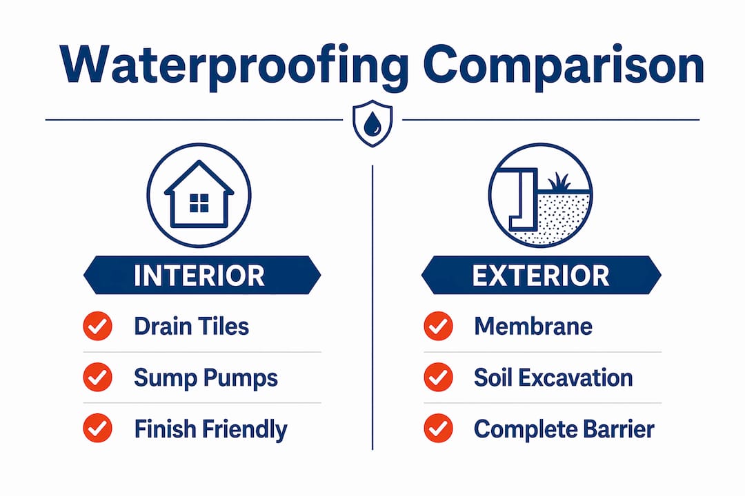 Infographic comparing interior and exterior waterproofing