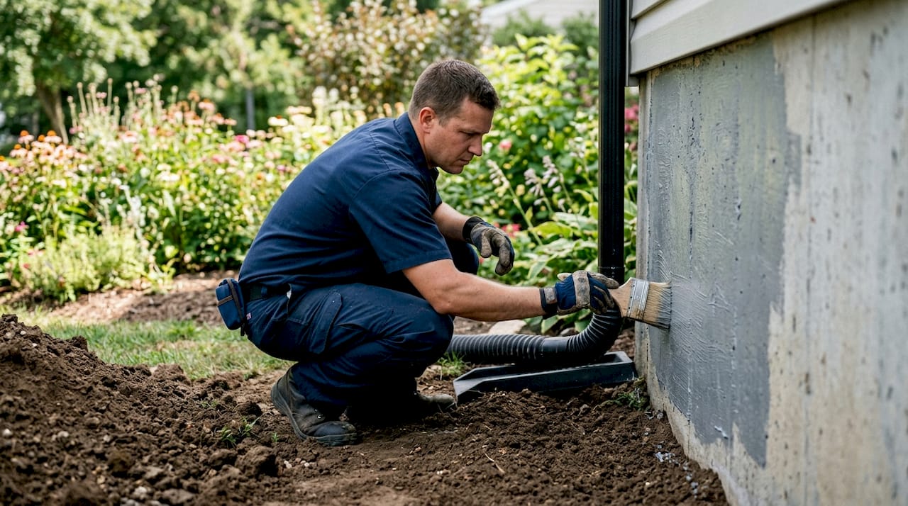 Technician waterproofing exterior basement wall