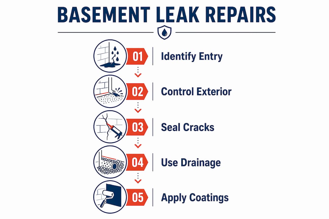 Infographic outlining basement leak repair steps