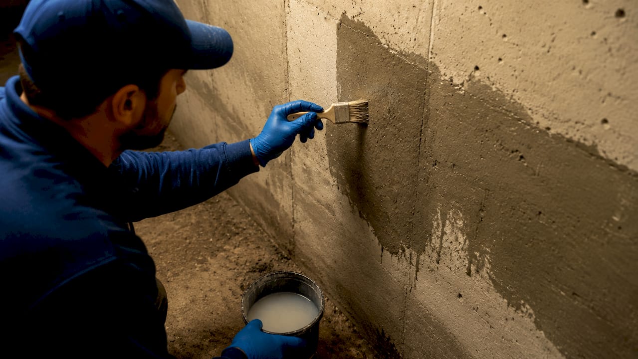 Hands applying silane repellent on concrete wall