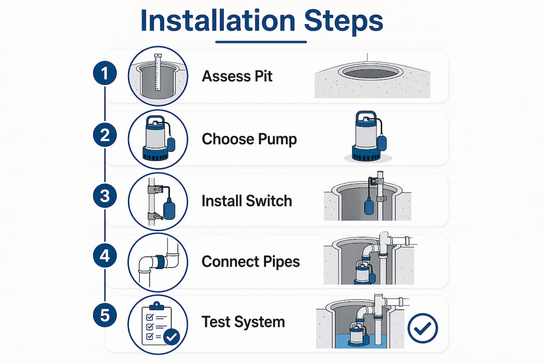 Infographic depicting basement sump pump installation steps