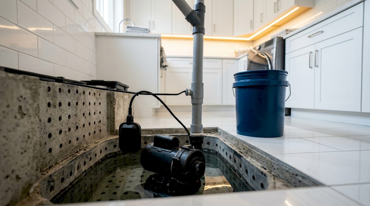 Close-up of sump pump system components in basement