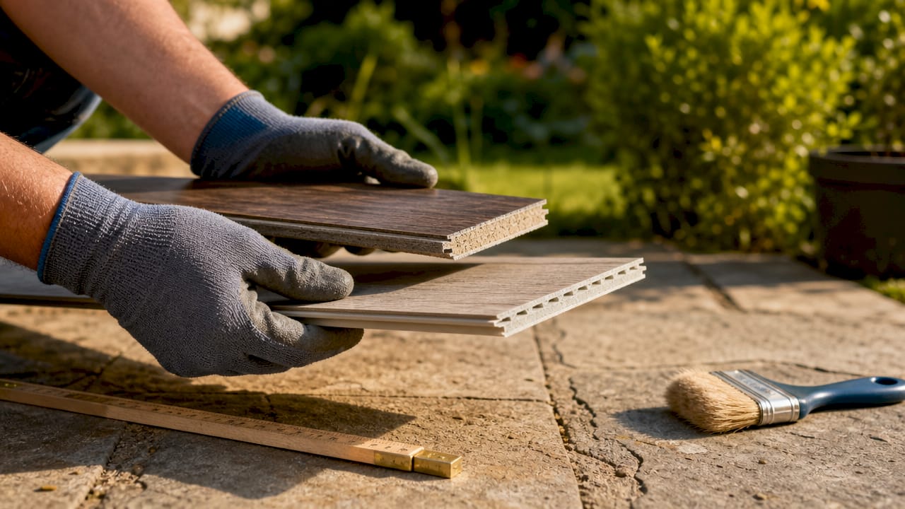 Hands comparing SPC and WPC vinyl flooring samples