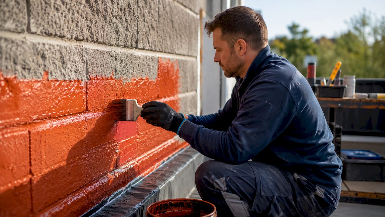 Hands applying liquid waterproof membrane to concrete