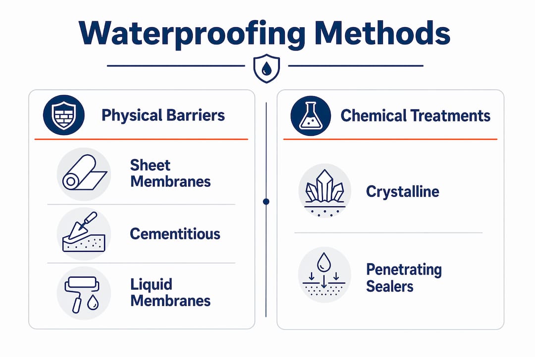Infographic comparing waterproofing physical barriers and chemical treatments