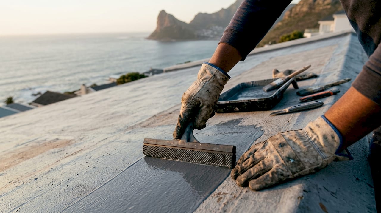 Roofer applying waterproofing membrane on roof