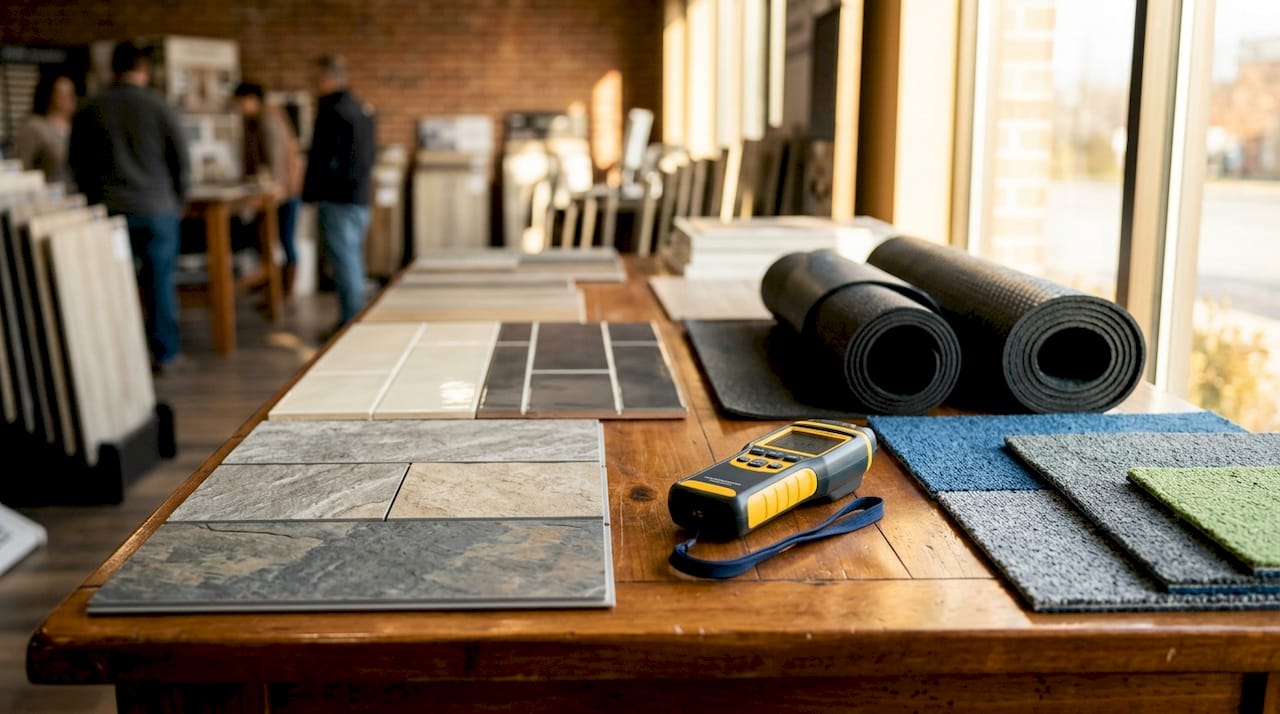Variety of waterproof basement flooring samples on concrete