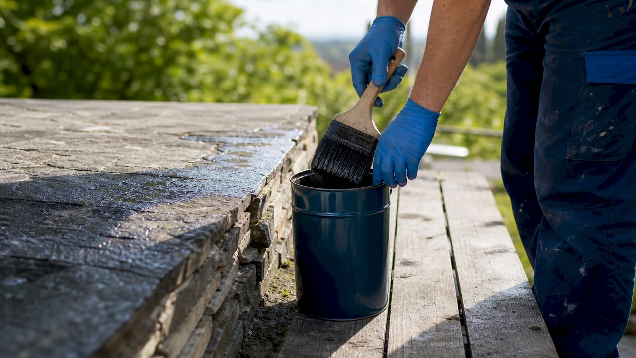 Close-up of hands applying primer to masonry surface