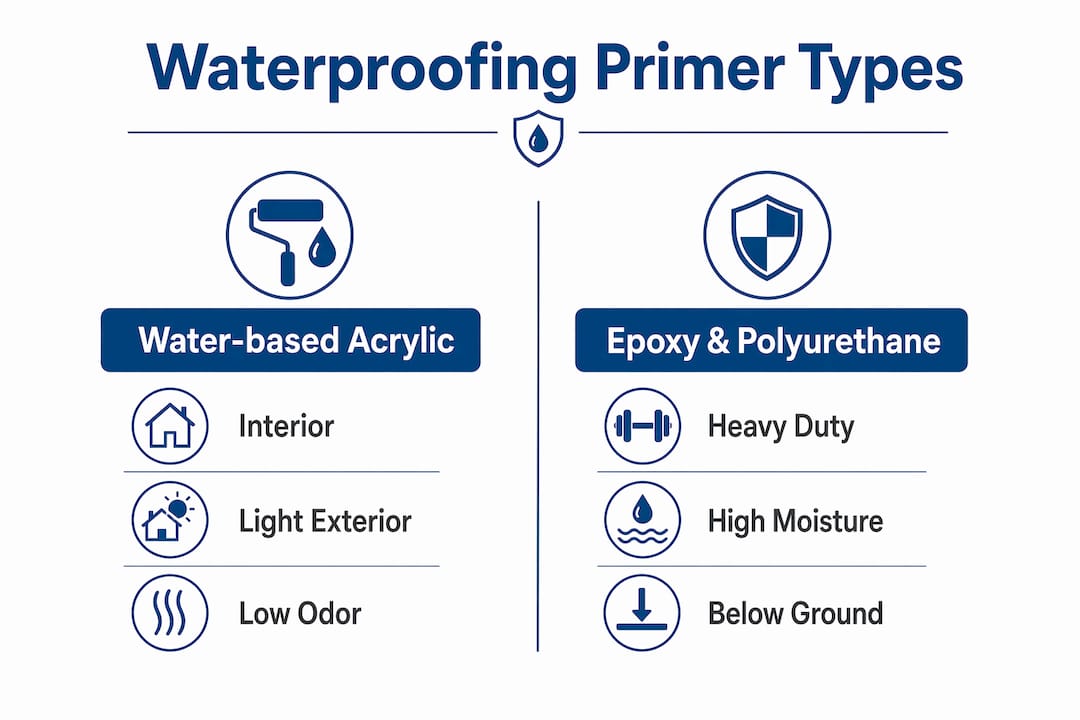 Infographic comparing waterproofing primer types and uses
