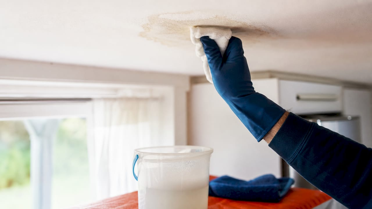 Gloved hand cleaning water stain on ceiling