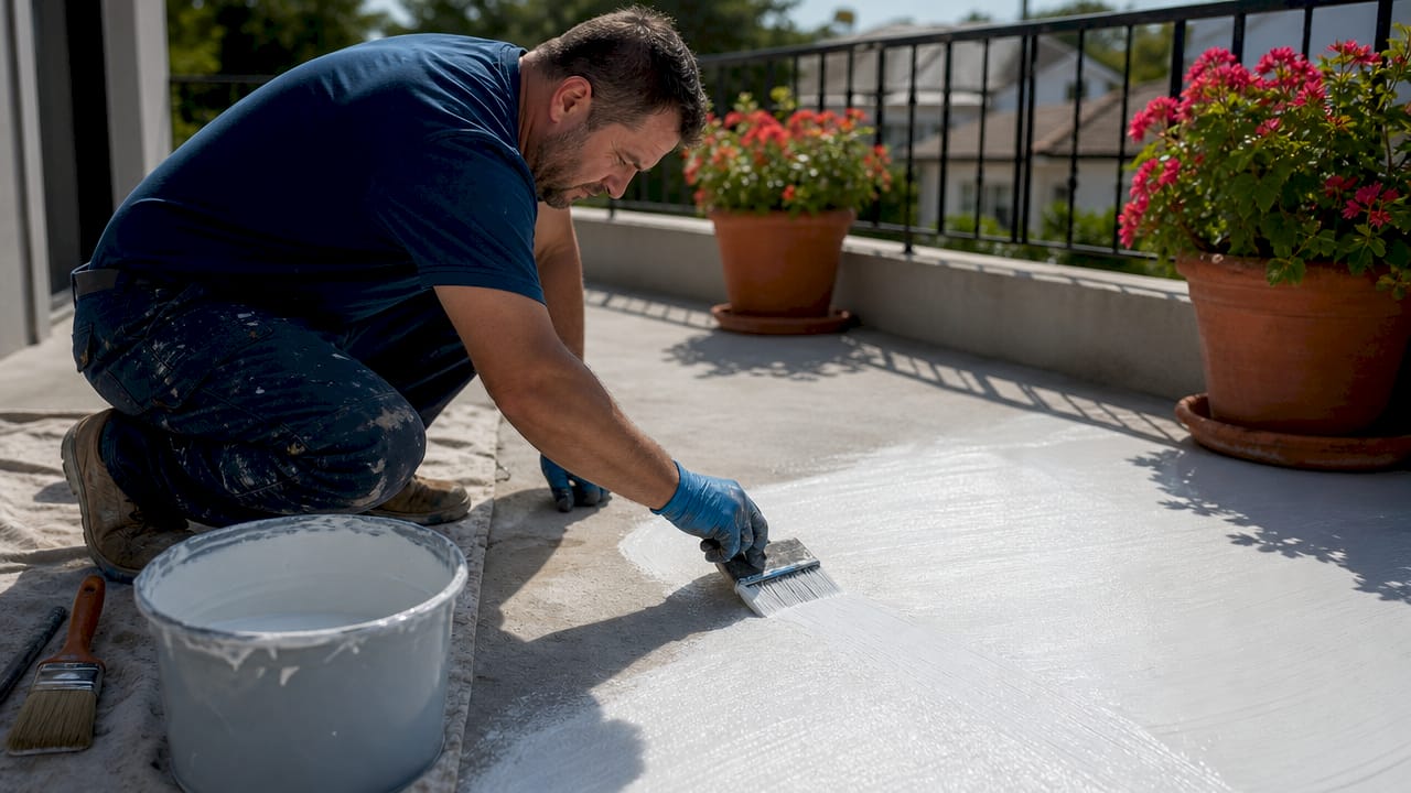 Hands applying liquid membrane waterproof coating