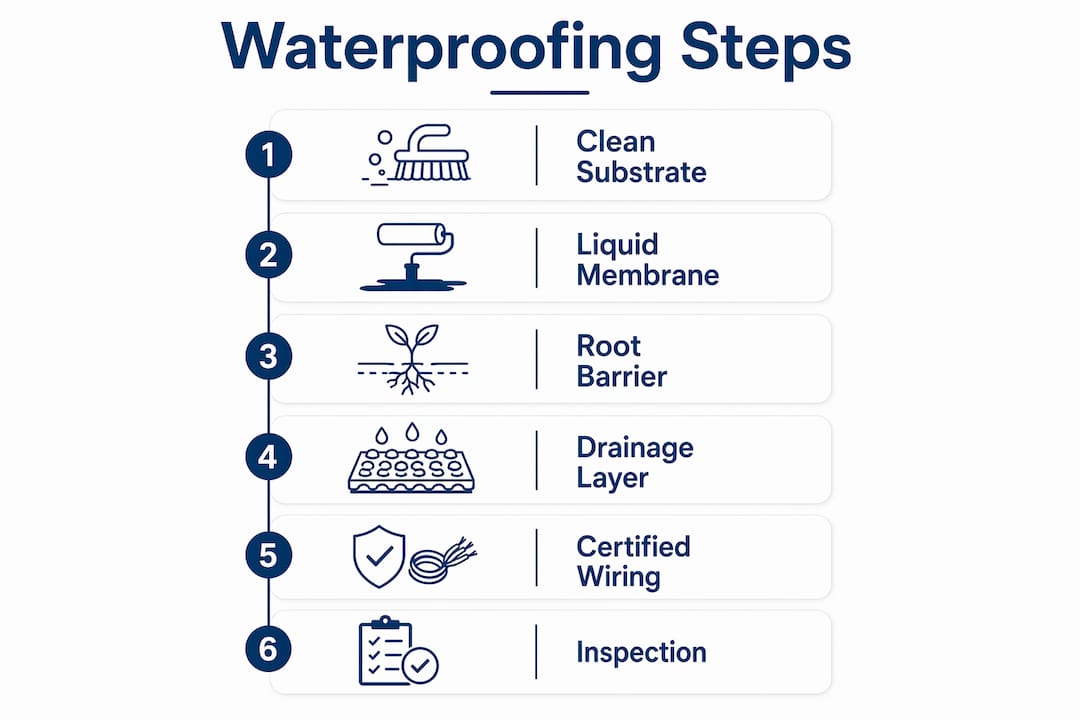 Infographic showing waterproofing steps for sprinkler areas