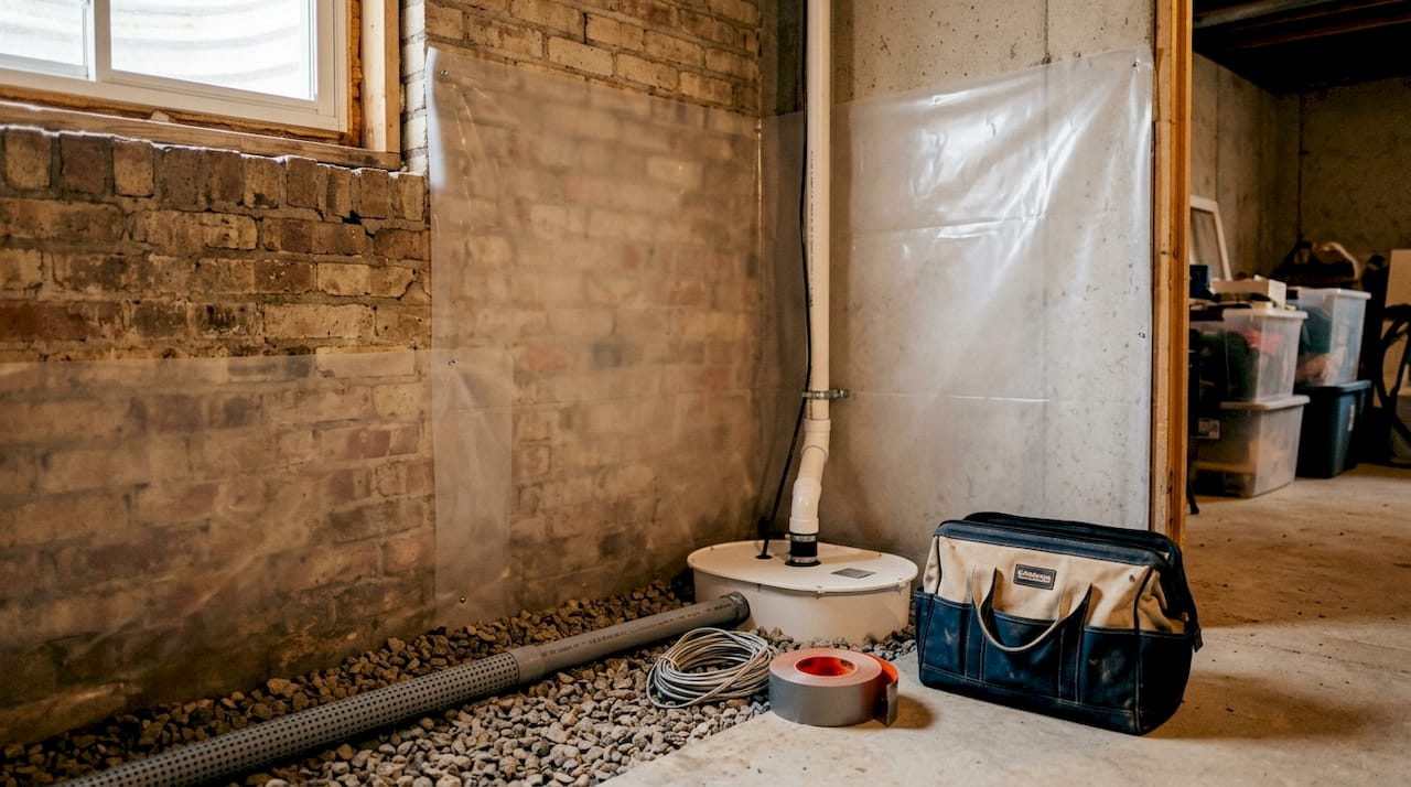 Interior waterproofing system components in basement