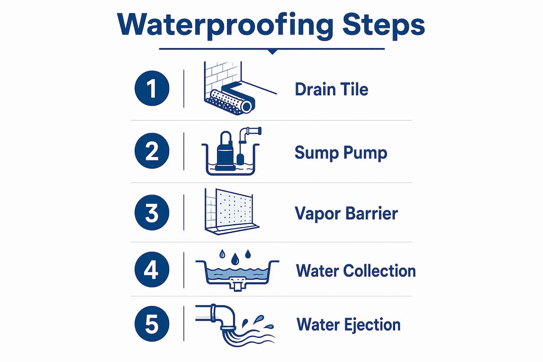Infographic illustrating steps of interior basement waterproofing