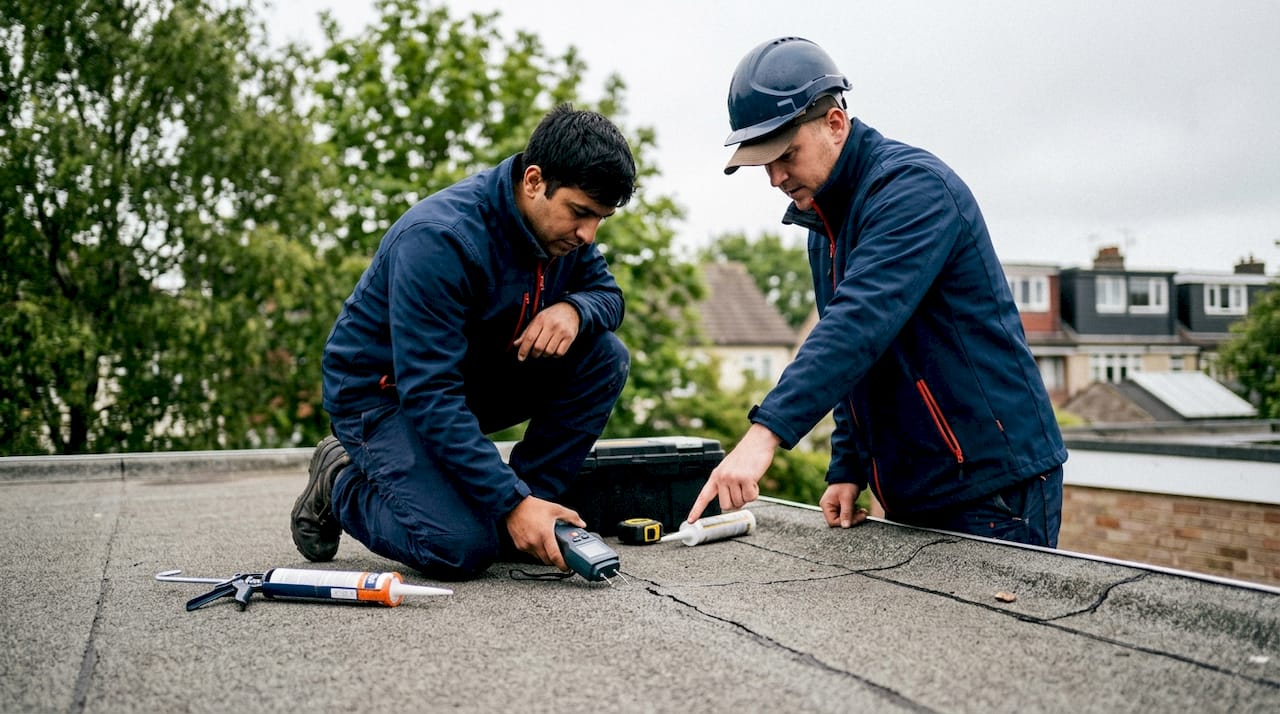 Contractors inspecting roof waterproofing membrane