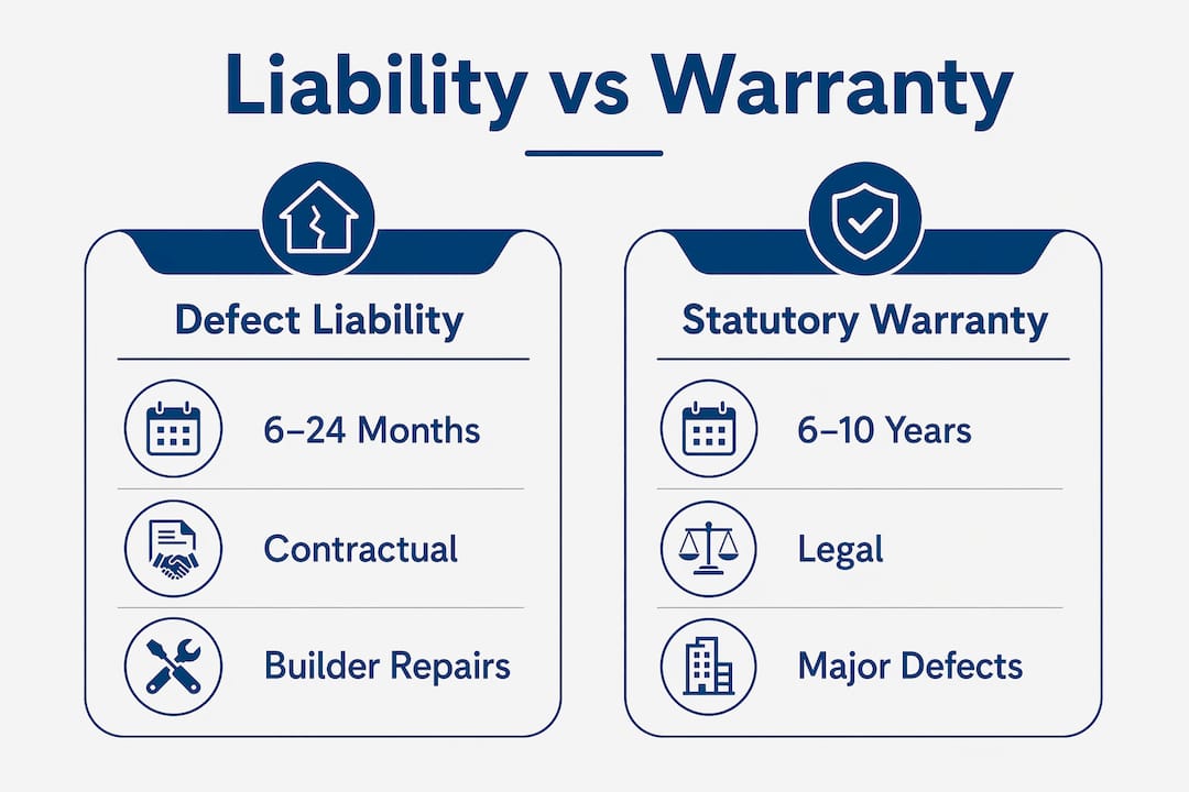 Infographic comparing defect liability period and statutory warranty