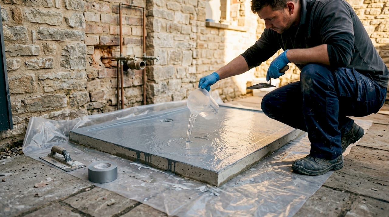 Technician pouring water on shower tray for flood test
