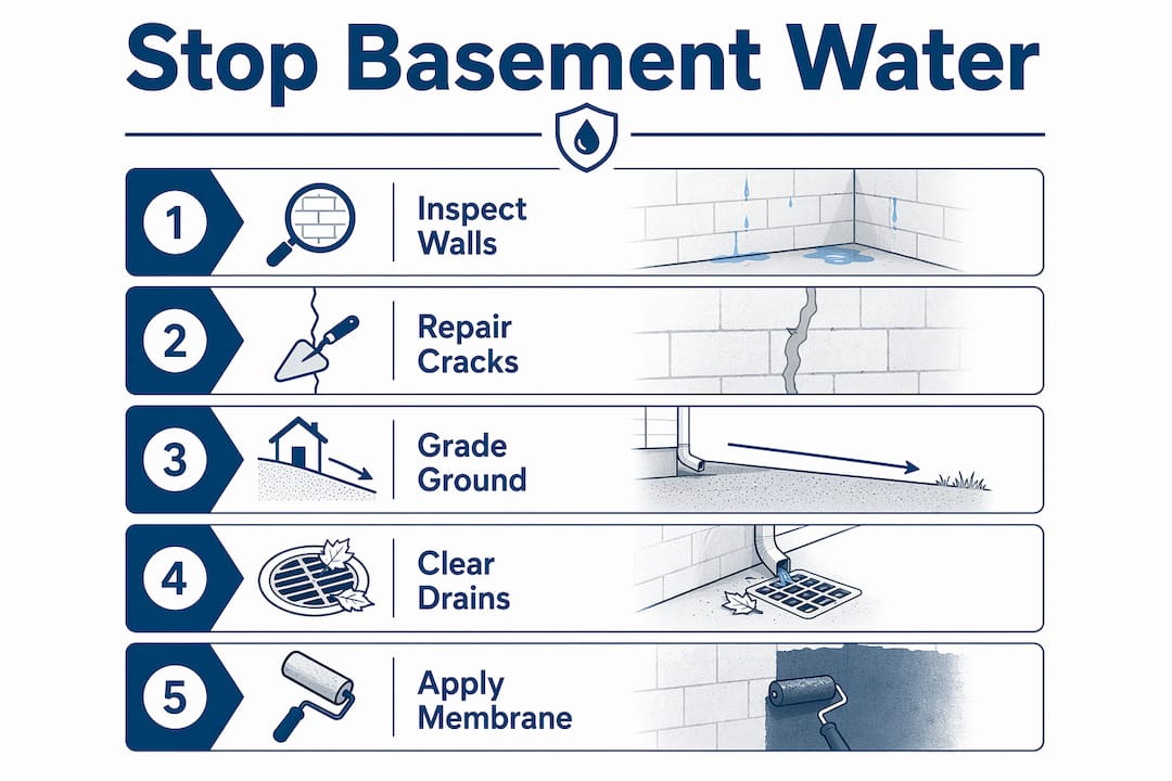 Infographic with steps to prevent basement water seepage
