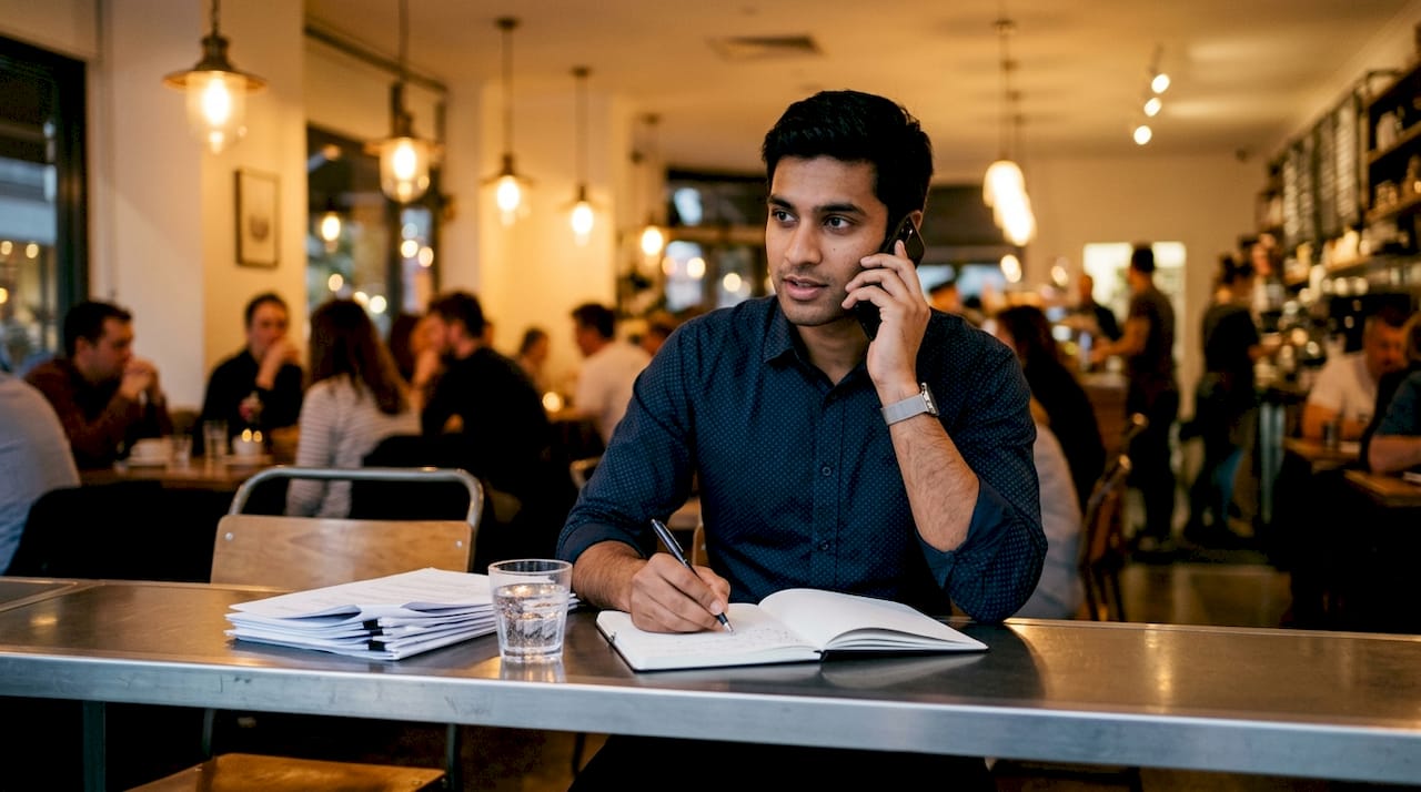 Man on phone making contractor reference calls