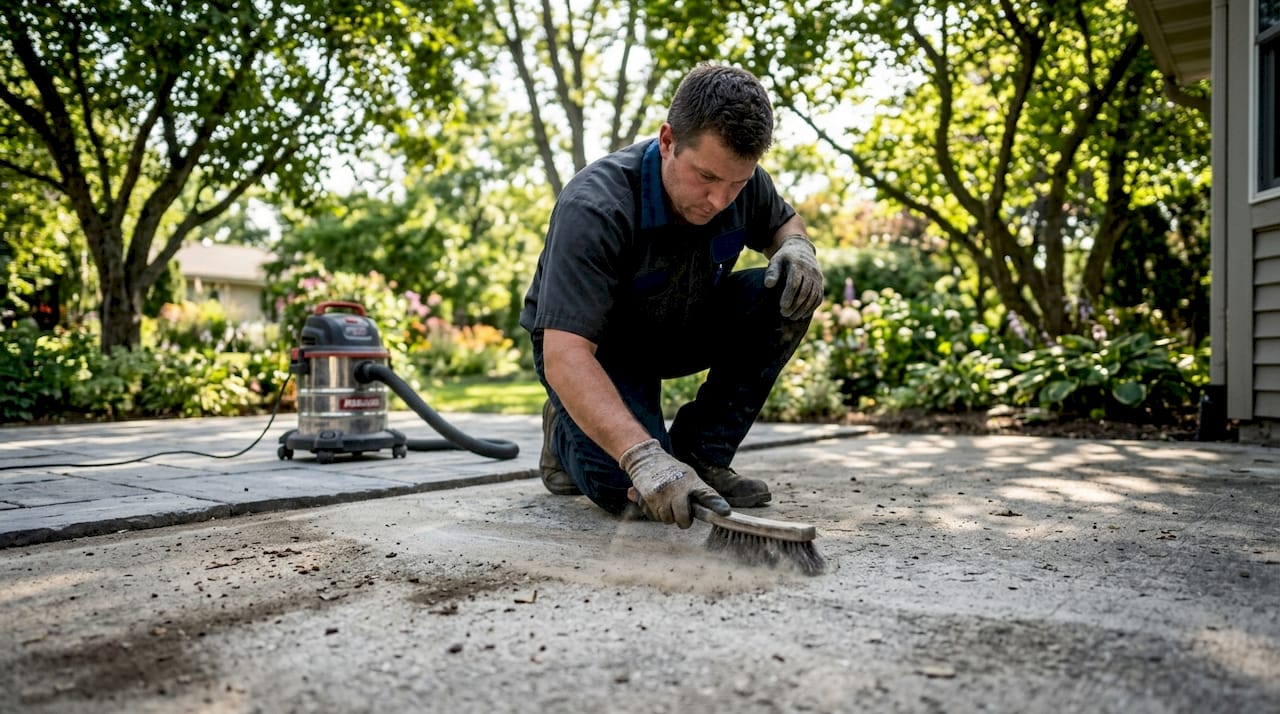 Hands cleaning concrete substrate before waterproofing