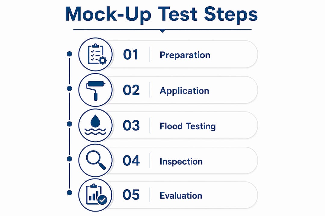 Infographic outlining key steps of waterproofing mock-up testing