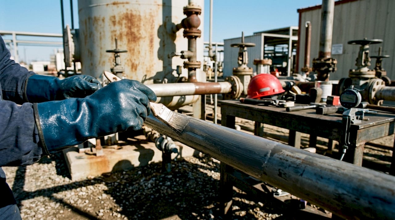 Gloved hands applying waterproof coating on fire suppression pipe