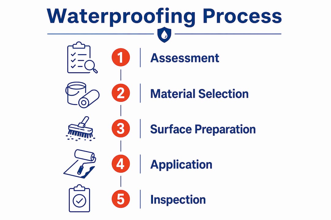 Infographic illustrating waterproofing process steps