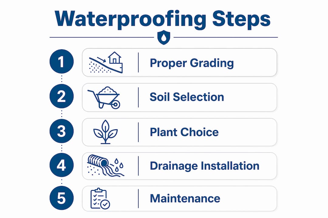 Infographic illustrating landscaping waterproofing steps